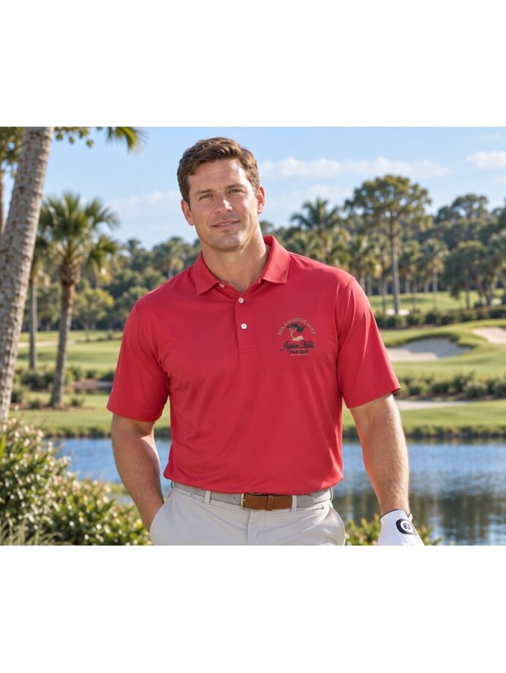 NWT Peter Millar Summer Comfort L Jupiter Hills 50th Anniversary Golf Polo Red